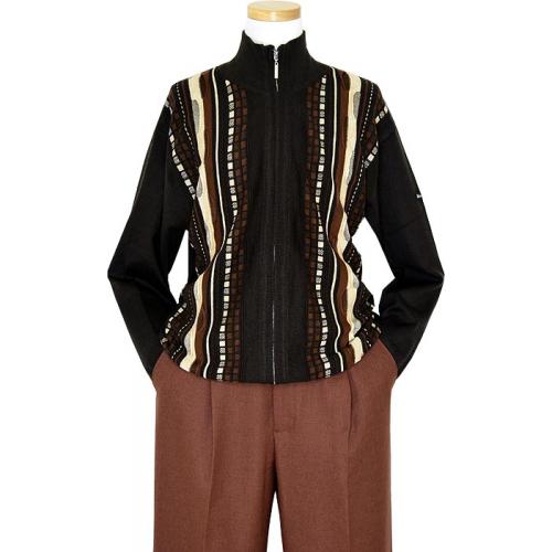 Silversilk Chocolate Brown / Beige / Brown Knitted Silk Blend Zip-Up Sweater 2371